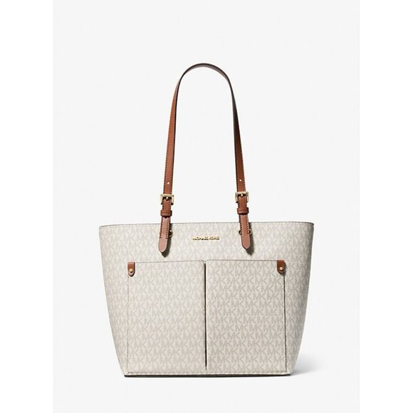 New Michael Kors Jet Set Travel Medium Double Pocket Logo Tote Vanilla - Picture 1 of 5